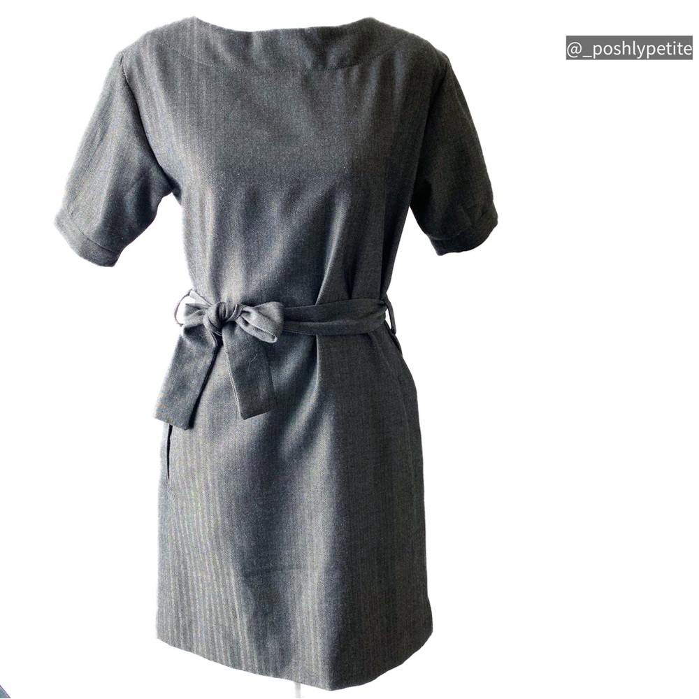 Venus  chevron button down back gray belted dress